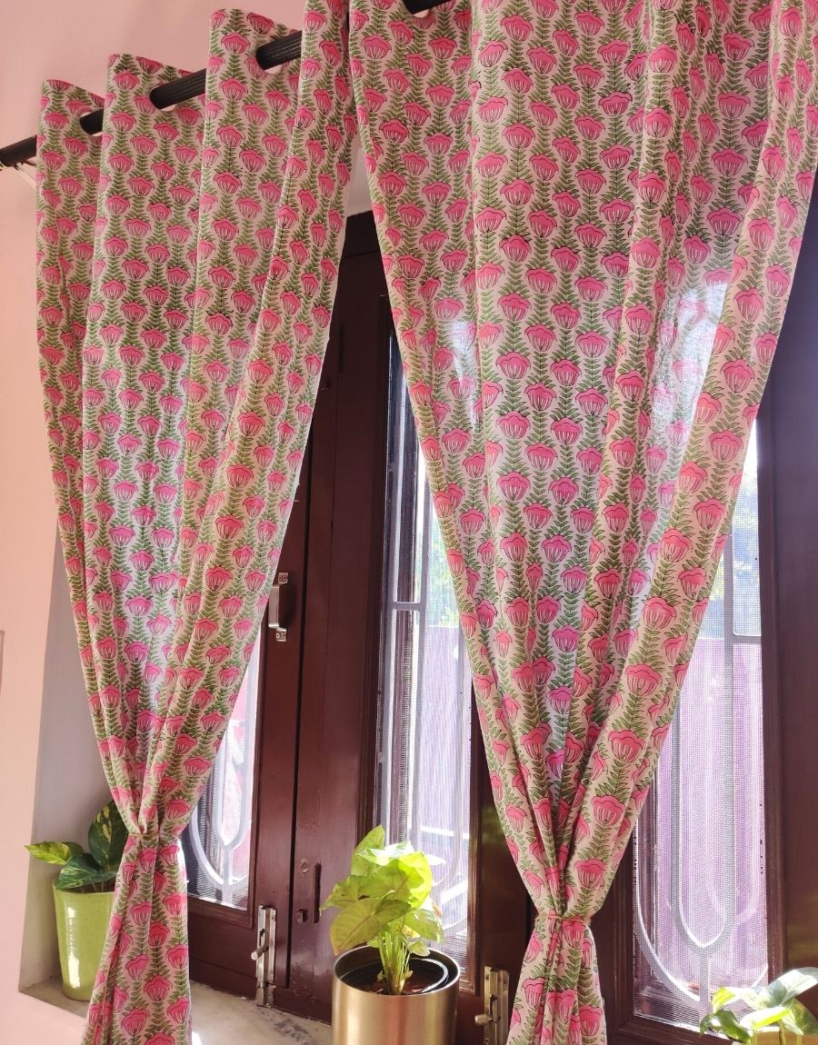 Block Print Curtain Set Pink & Green (5 Feet) Papayaa