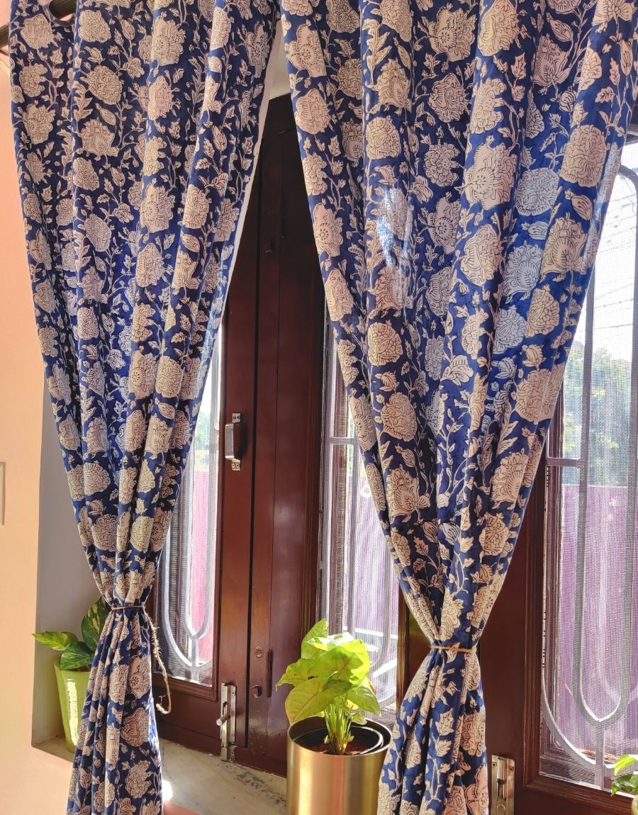 Block Print Curtain Set Blue & White (5 Feet) Papayaa